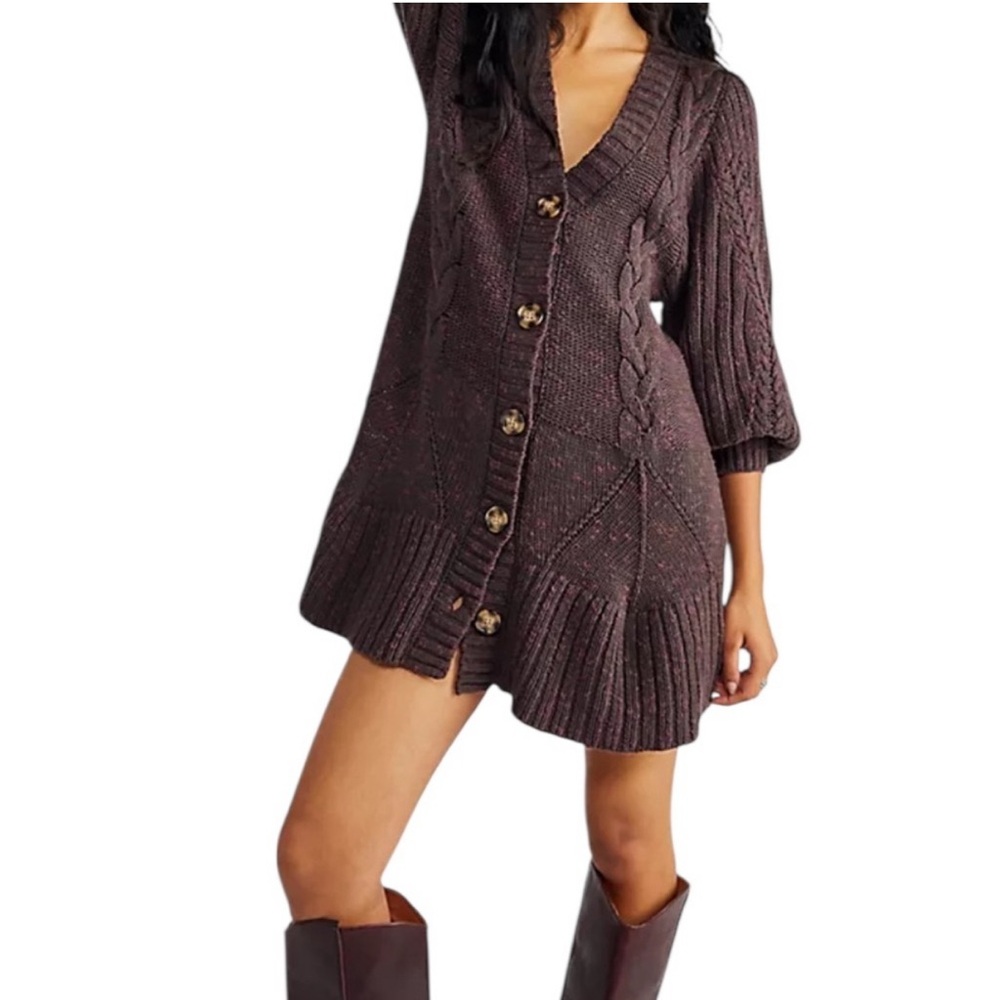 FREE‎ PEOPLE Penelope Mini Sweater Dress Cable Knit Brown Cottagecore Boho XS